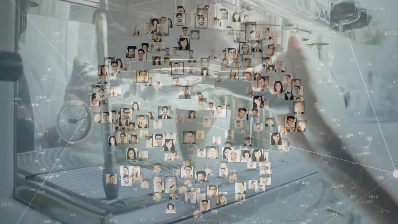 Barista holding portafilter overlaying technology network linking profile images on espresso unit