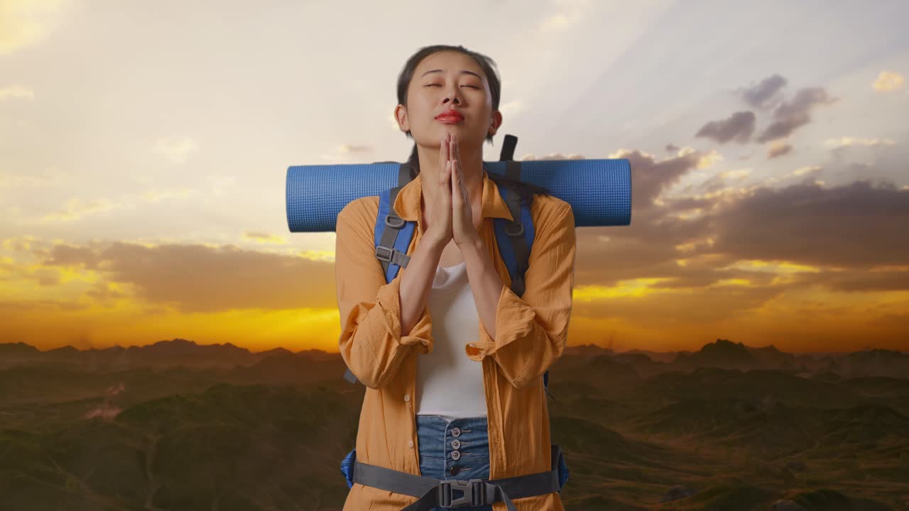 excursionista asiática con mochila de montañismo rezar por algo mientras está de pie en la cima de la montaña durante la hora del atardecer