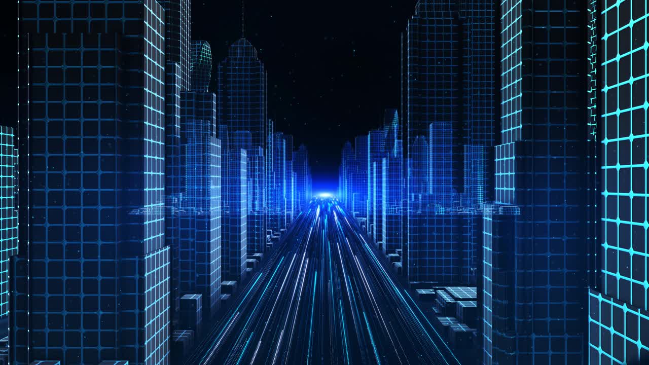 Animation of futuristic cityscape digital data streams glowing in blue lights technology cyber