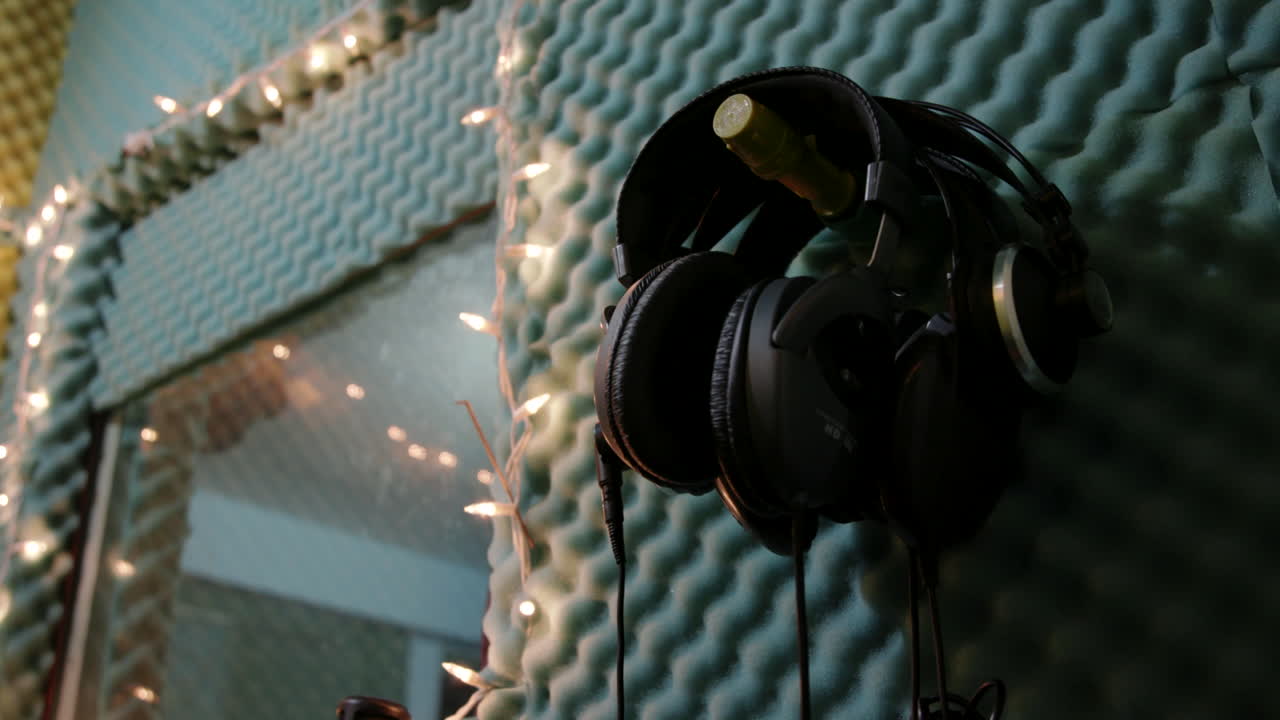 Studio Headphones Hanging On Wall Inside Sound Booth