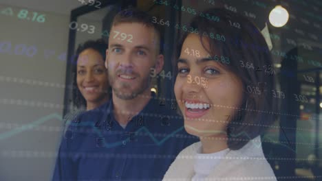 Animation-of-numbers-changing-and-diverse-smiling-colleagues-standing-in-office