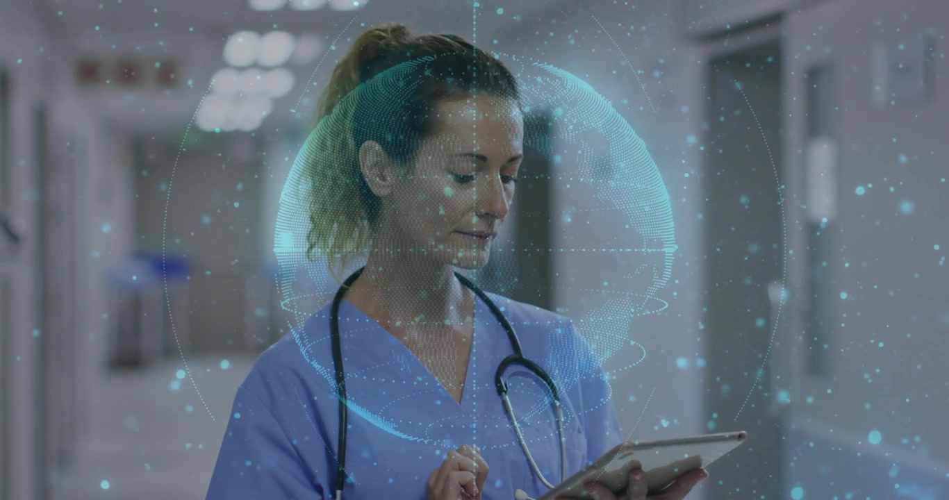 Nurse tapping tablet in clinic corridor, animating hologram globe over tablet and updating records
