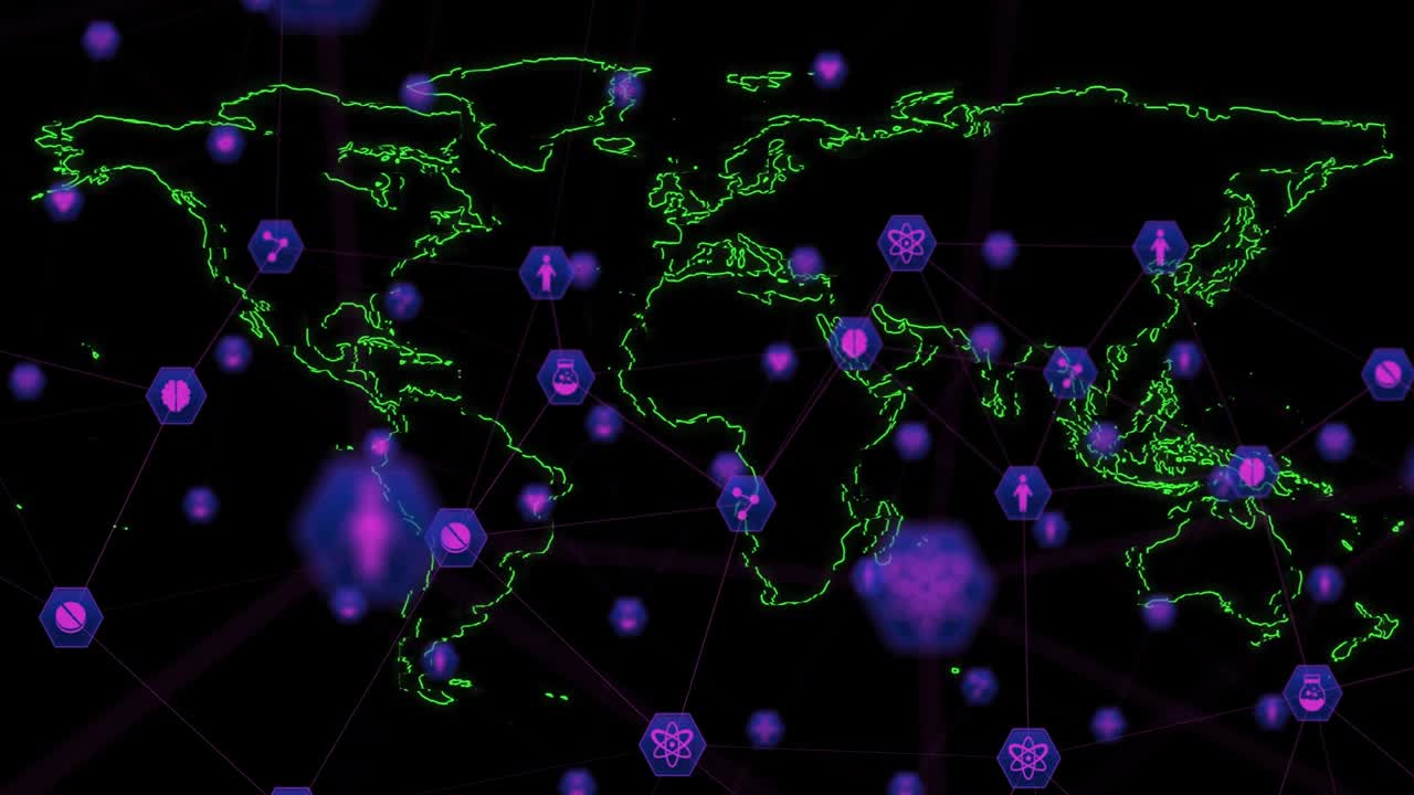 Neon map appearing purple hex nodes emerging, pulsing, forming, fading, showing global health net