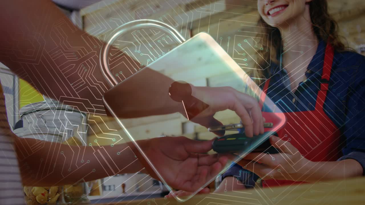 animación del candado de seguridad de la red sobre las personas que utilizan el terminal de pago