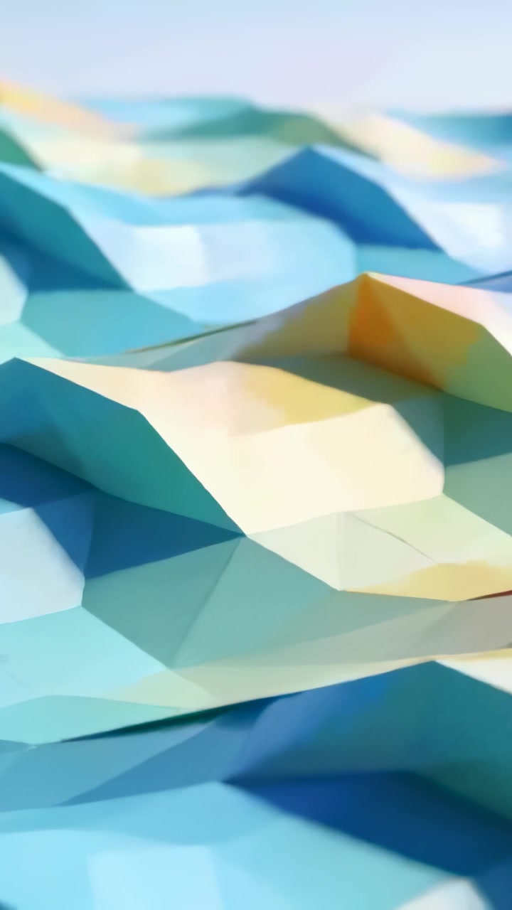 Vertical video: Dolly starting forward move over low-poly terrain, revealing hues to show triangles
