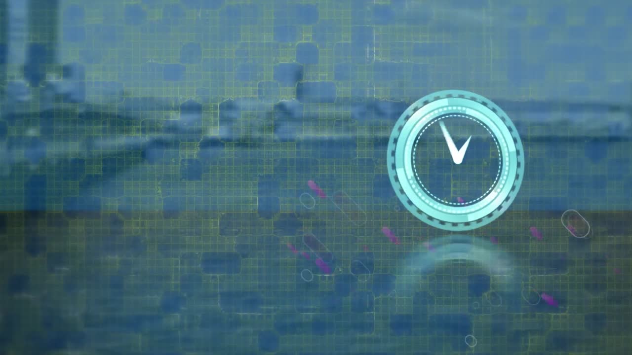 시계와 보라색 빛의 트레일의 애니메이션 도시 풍경