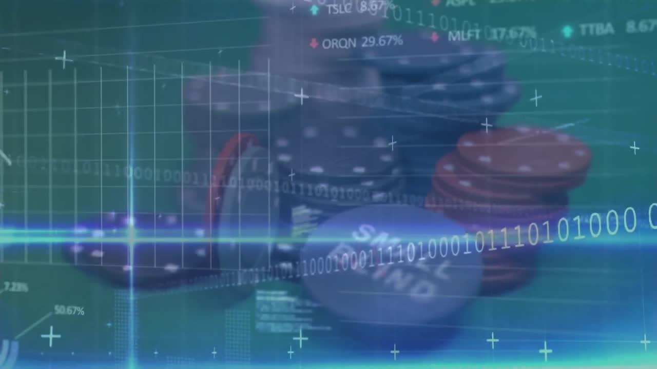 Animation of statistics and data processing over casino chip with words Small Blind falling on casi