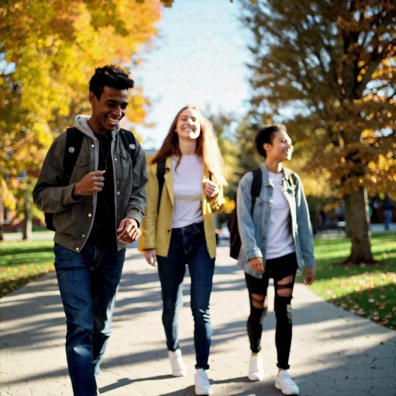 A video captures three friends walking through a park in autumn
