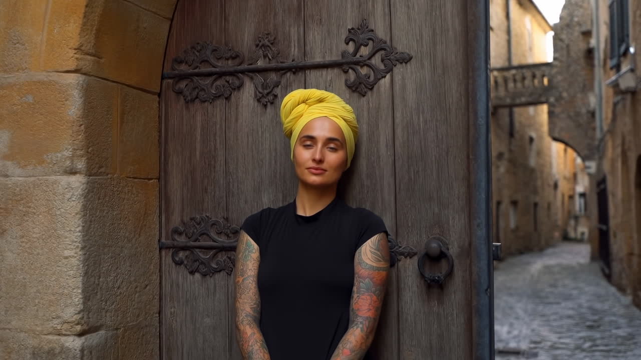 Donna con turbante giallo in piedi accanto a un'antica porta di legno nel centro storico