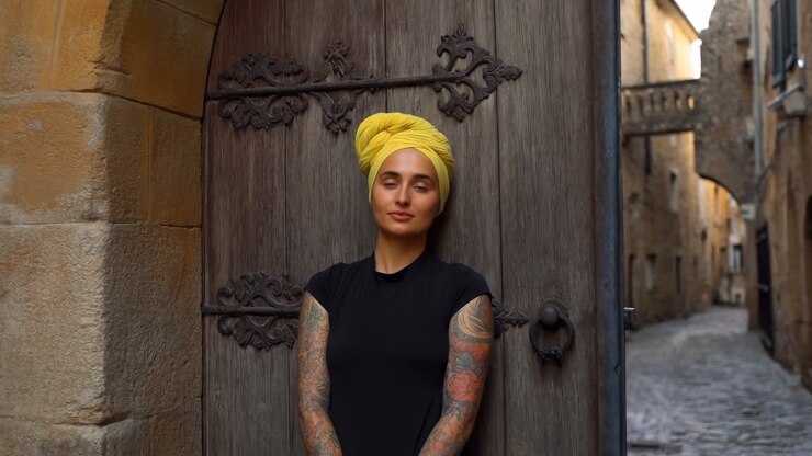 Donna con turbante giallo in piedi accanto a un'antica porta di legno nel centro storico