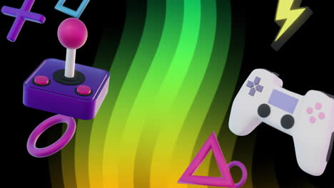 retro gaming joystick and controller animation over colorful wave background