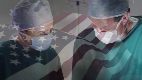 animation of american flag over diverse surgeons