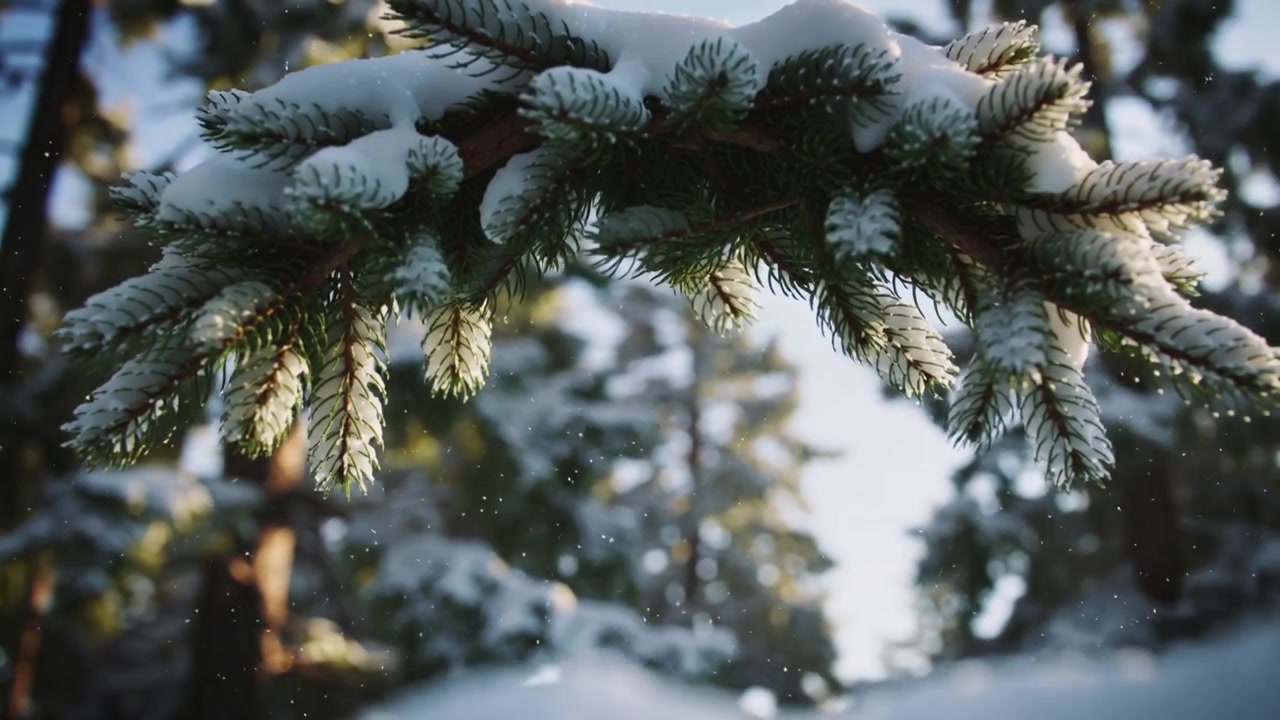 Svingende bartregren som kaster av seg snø etter en lett bris i skogen, med kantbelyste nåler og en snøhaug