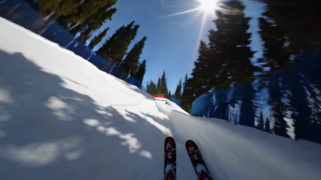 POV video of skiing down a snowy slope, capturing vibrant red barriers and tall trees