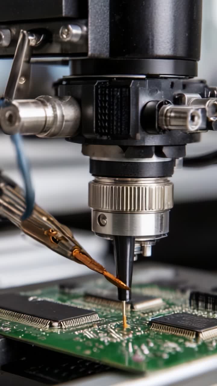 Precision Electronics Assembly: A Close-Up View of a Soldering Process on a Circuit Board with High-Tech Equipment in Action