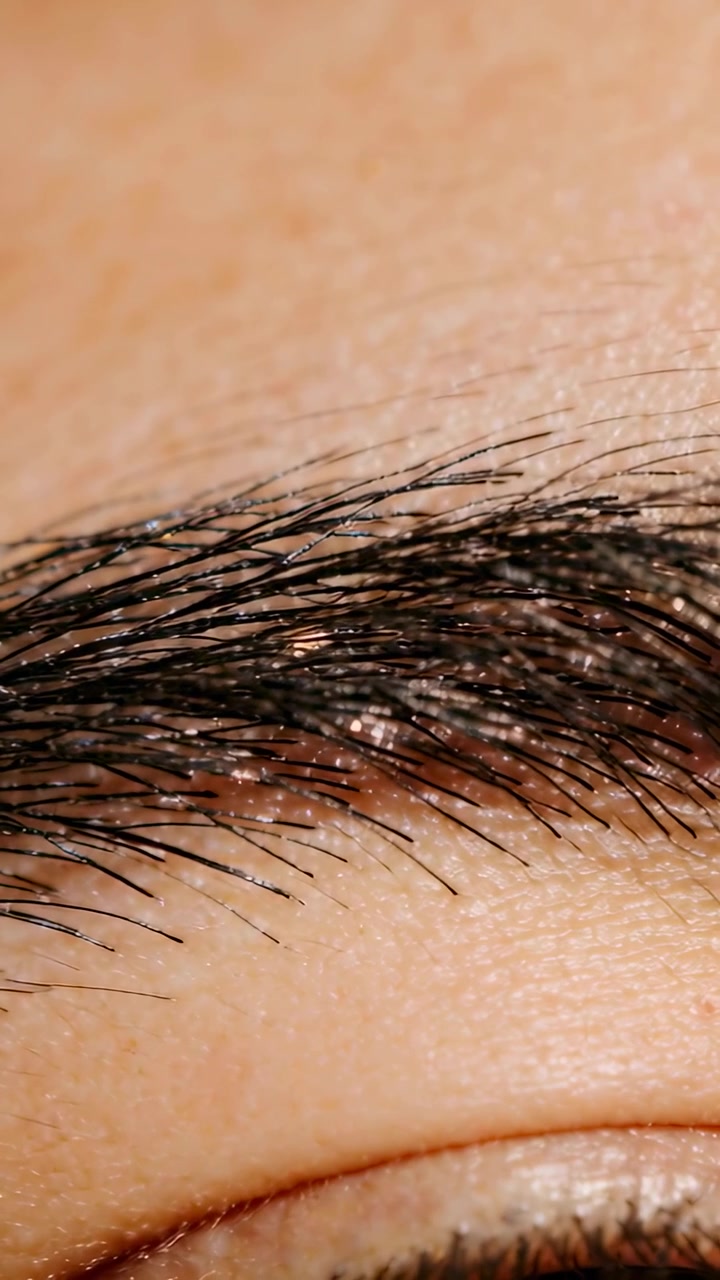 Vertical video: Camera zooming showing brow hairs and closed eyelid at vanity, revealing glints