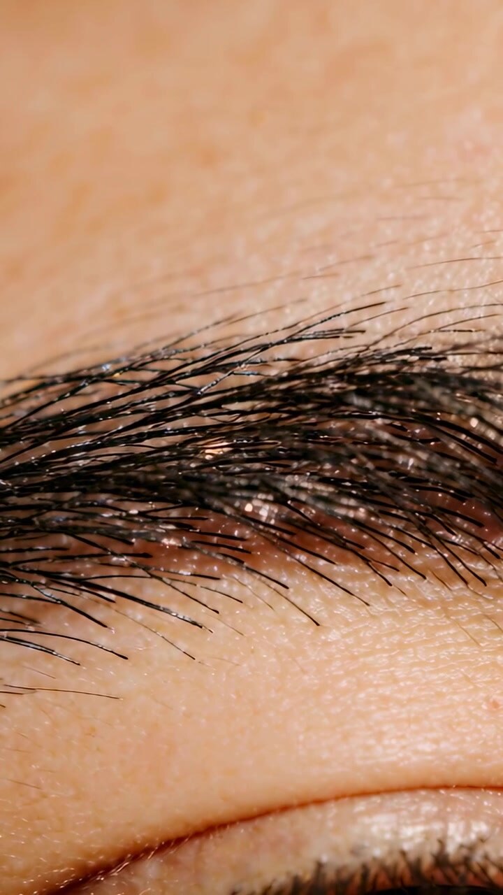 Vertical video: Camera zooming showing brow hairs and closed eyelid at vanity, revealing glints