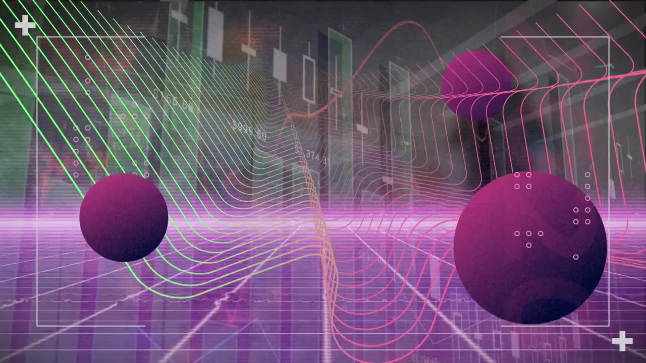 Animation of circles with multicolored wave pattern and moving graph over grid