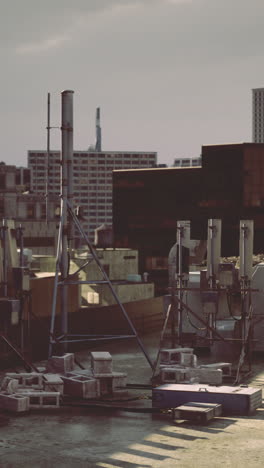 rooftop view of urban skyline with industrial structures in afternoon light