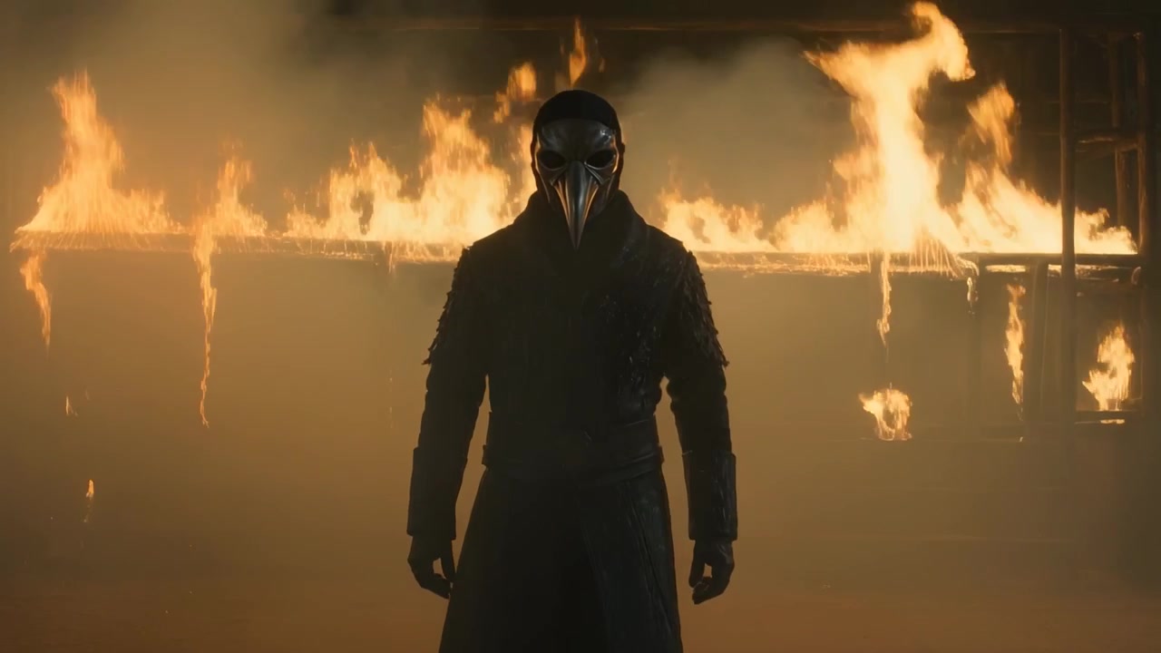Una figura in piedi con maschera a becco di fronte alla telecamera in un hangar, con il fuoco dietro che aumenta il bagliore rivelando il cappotto.