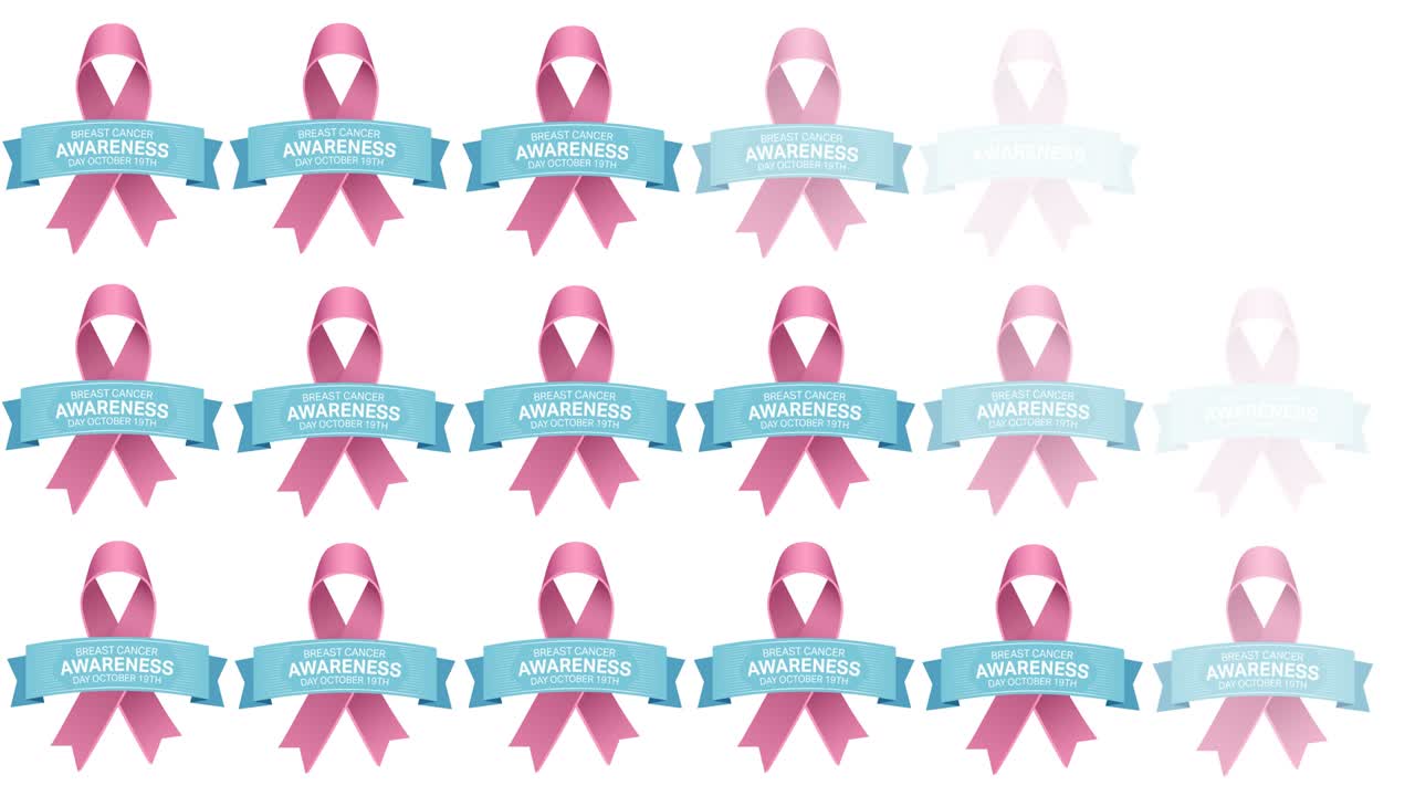 ⁇ 색 배경에 나타나는 여러 개의 분홍색 리본 로고와 유방암 텍스트의 애니메이션