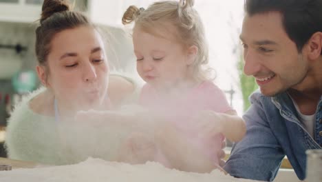 handheld view of whole family playing with flour in kitchen