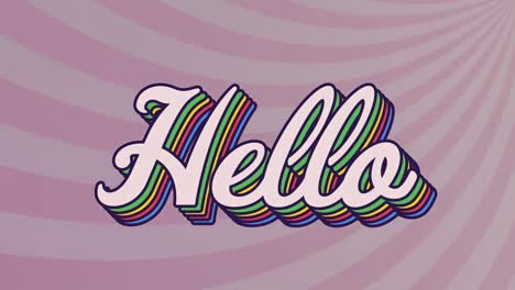 animation of hello text banner against radial rays in seamless pattern on purple background