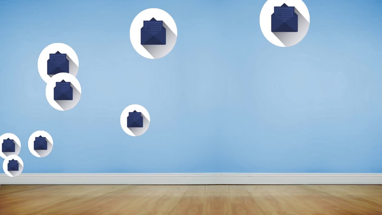 파란색 배경에 떠다니는 여러 개의 봉투 아이콘