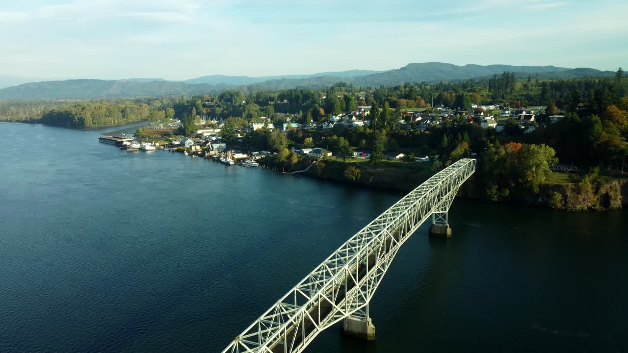 US, WA, Cathlamet, 2025-10-22 - Drone view of the Julia Butler Hansen Bridge connecting Cathlamet to Puget Island