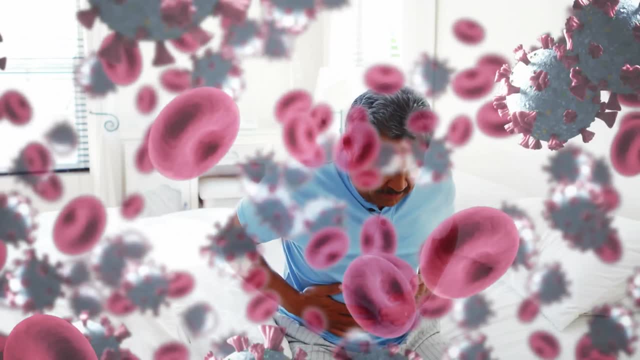 Animation of covid 19 cells floating over sick man