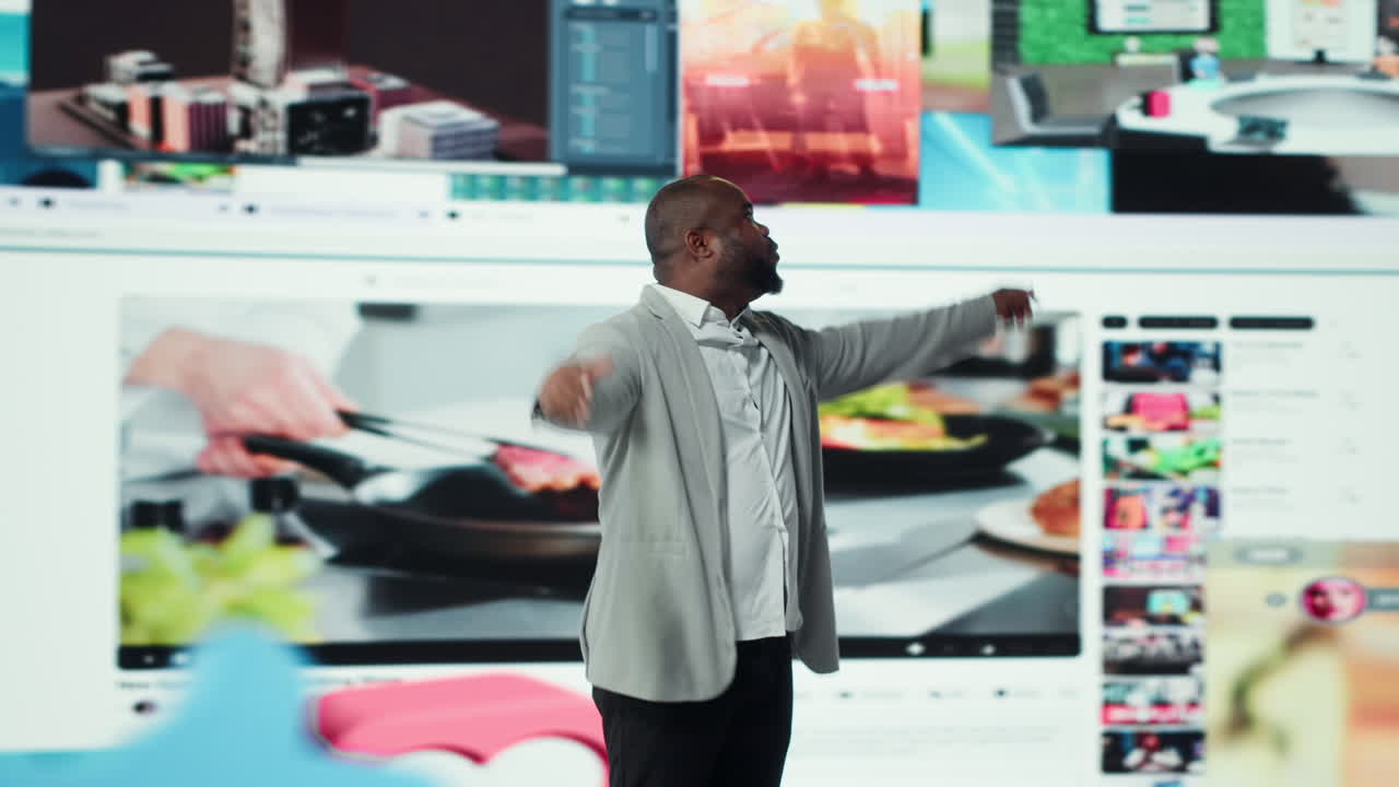 Vertical video Upbeat person facing video wall, enjoying digital age lifestyle