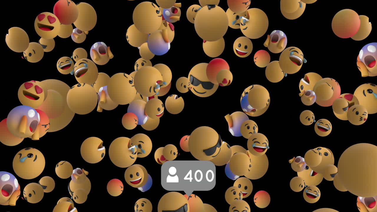 iconos emoji volando sobre un fondo negro 4k