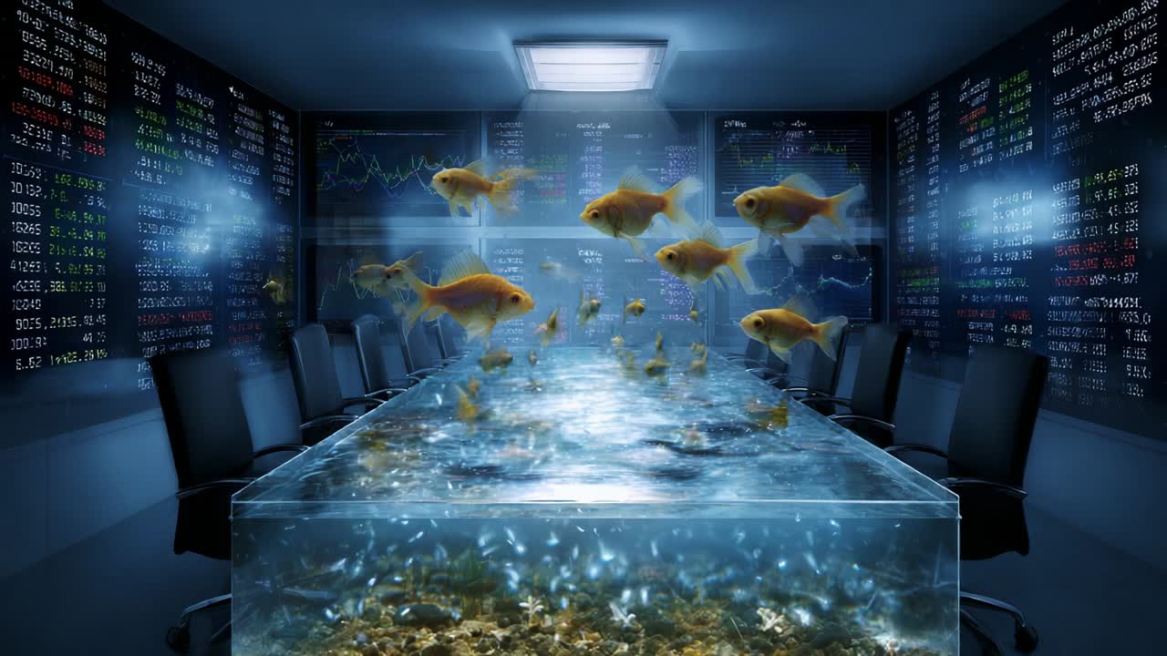 Een surrealistische directiekamerscène met een onderwateromgeving met goudvissen die zwemmen in een transparante tafel, omringd door financiële grafieken en datavisualisaties, wat een ongebruikelijke zakelijke sfeer creëert