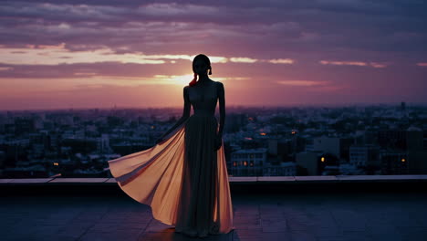 woman in a flowing dress on a rooftop at sunset over a city