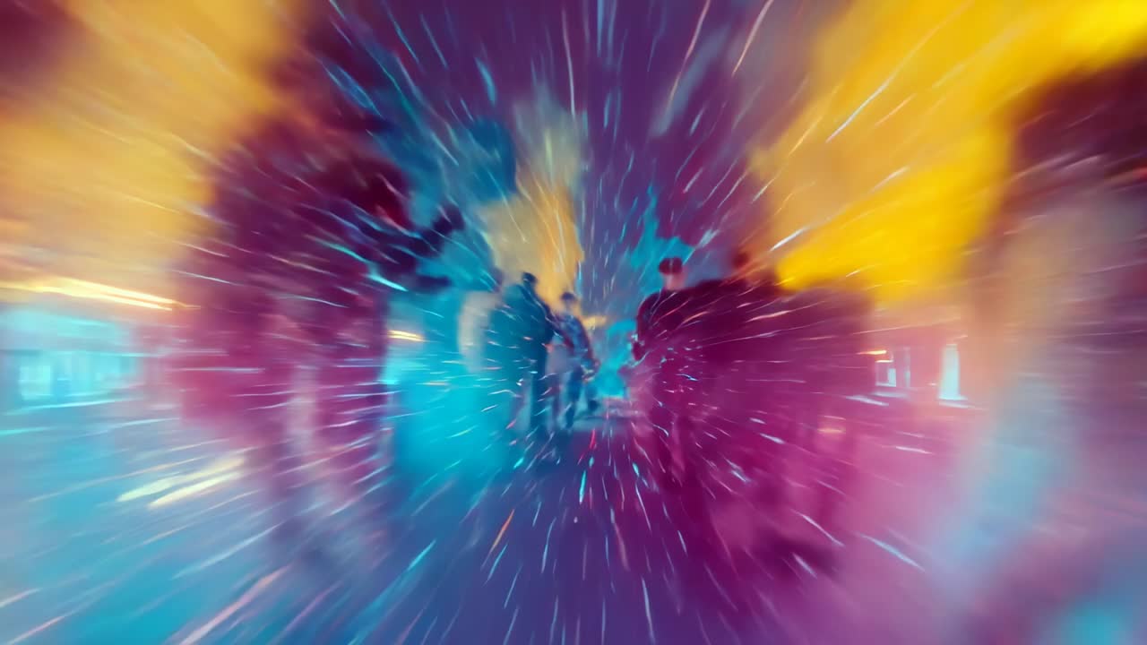 Spurring six silhouettes advancing through neon corridor, with speed-lines and cyan-magenta glow