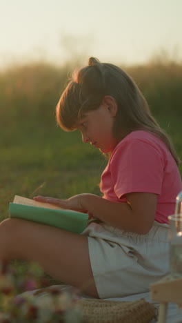 niña pequeña sentada al aire libre durante la hora de oro leyendo un libro y volviendo la página, rodeada de preparación de picnic con frutas, croissants y burbujas flotando suavemente en el aire, la luz del sol iluminando el fondo