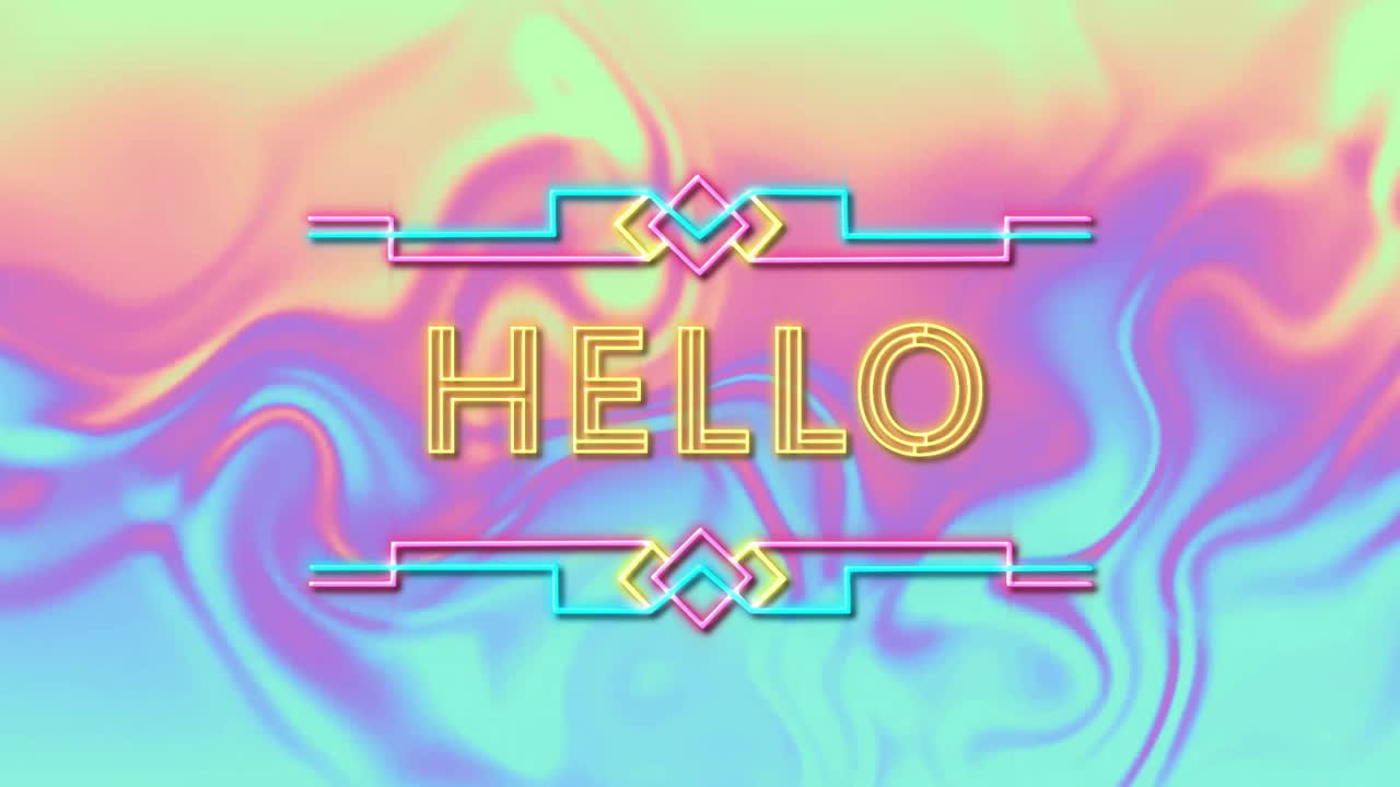 HELLO text animation over colorful abstract background with geometric accents
