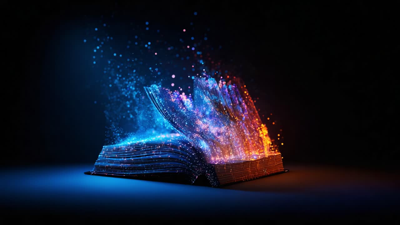 A mesmerizing visual representation of a luminous book bursting with vibrant particles, illustrating the magical journey of knowledge and imagination through stunning light effects and colors