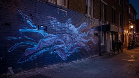 a captivating urban mural illuminated at night, showcasing vibrant colors and dynamic designs that enhance the cityscape and attract passersby