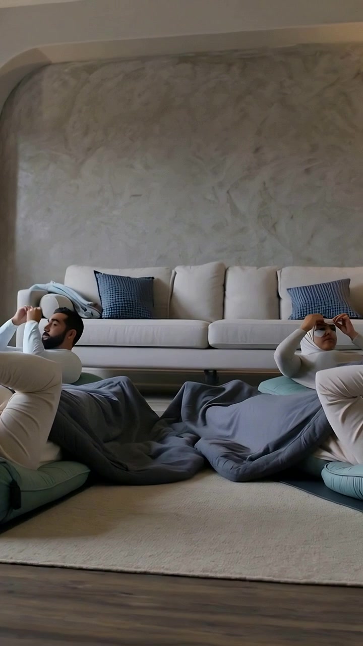 Vertical video: Checking phones, family wearing hijabs lying on cushions at home under grey blanket