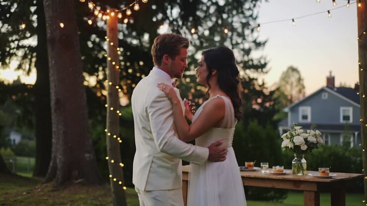 Swaying couple embracing under fairy lights in backyard at dusk during wedding, bride in gown
