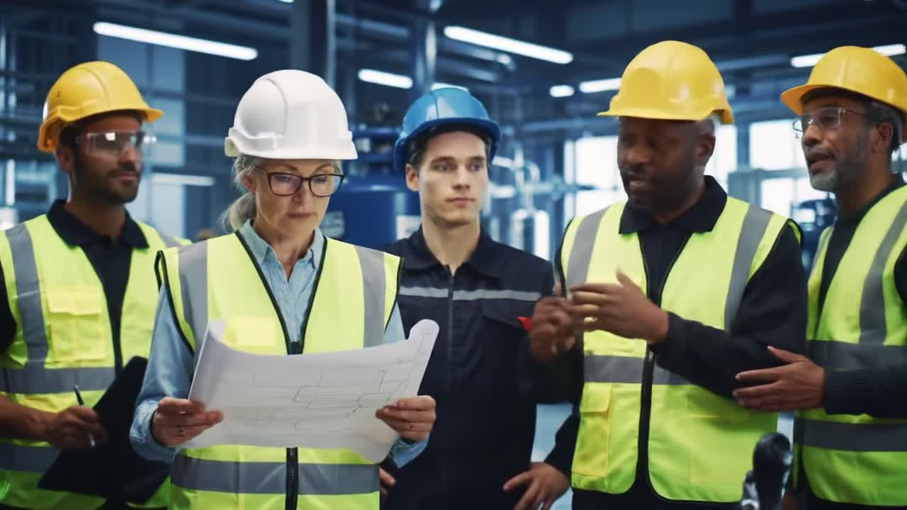 Team of Construction Professionals Collaborating on Project Plans in Industrial Setting, Demonstrating Effective Communication and Leadership Skills in Safety Gear