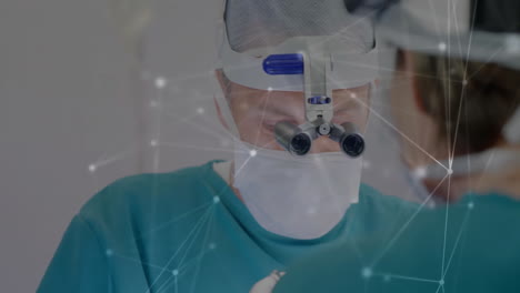 surgeons performing operation with network connections animation over medical scene