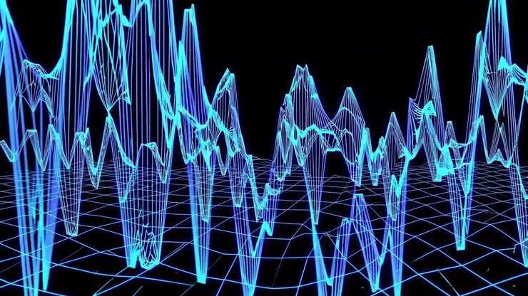 Dynamic 3D waveform in neon blue on a grid, viewed from a low angle, resembling a futuristic video