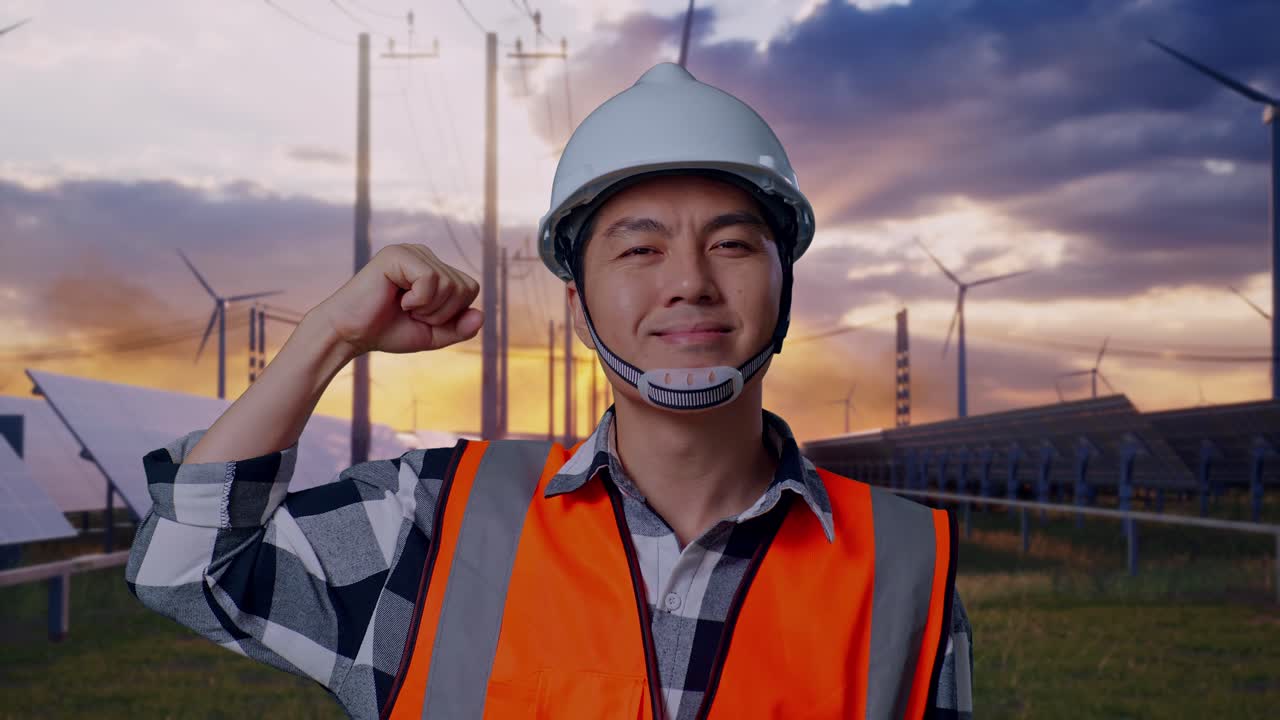 Close Up Of Asian Male Engineer With Safety Helmet Flexing His Bicep And Smiling To Camera While Standing With Solar Panel and Wind Turbines