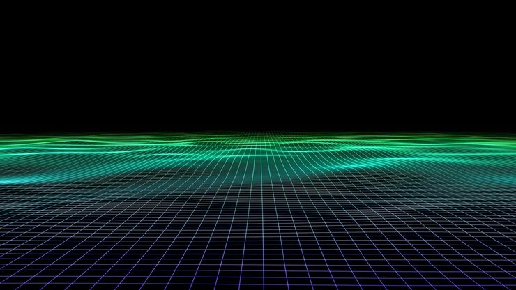 Retrowave gitterhorisont med neonstrøg, wireframe-gulv, grøn bølgeformet skyline, synth æstetisk futuristisk