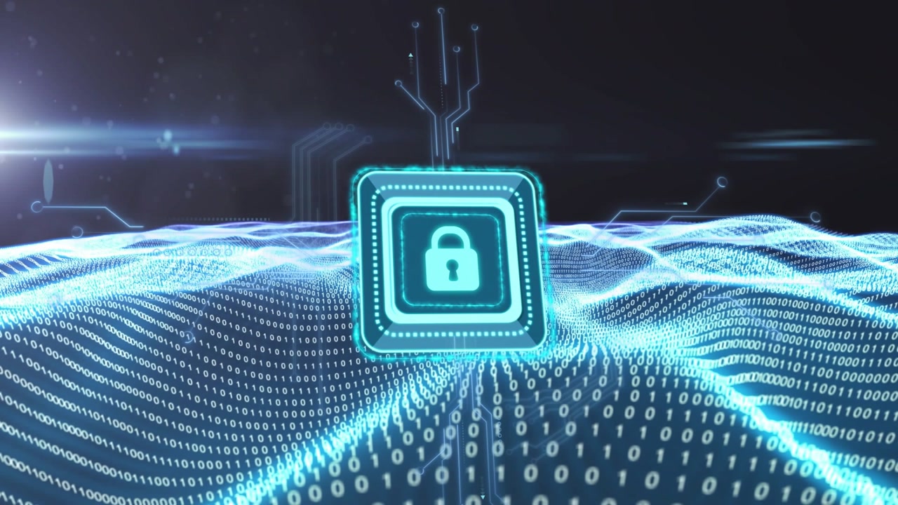 On pulse teal padlock chip rising and turning sending traces while rippling binary wave linking net