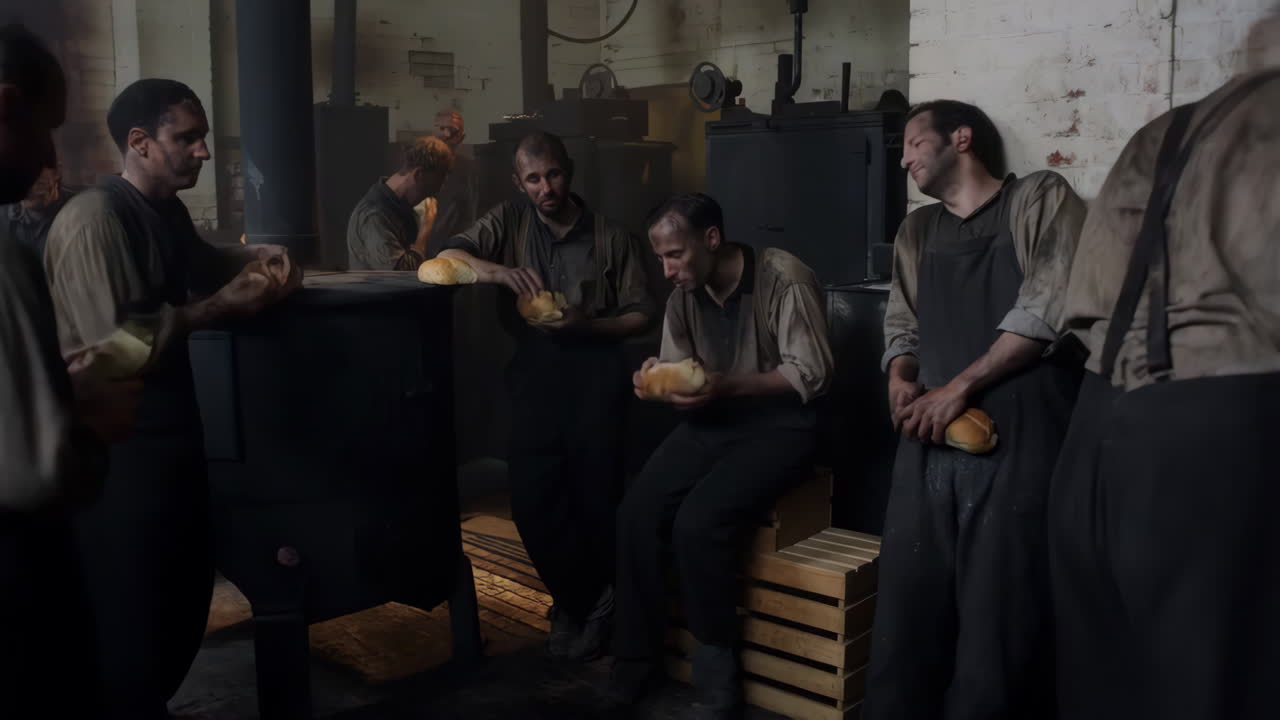 Group of men in factory with bread