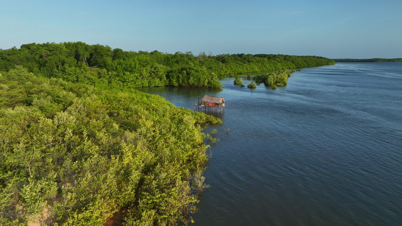 A wooden shack over the water in the araioses, parnaiba river, aerial view