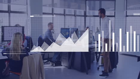 animation of financial data processing over diverse business people in office